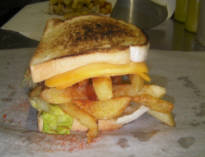A TOASTED SANDWICH WITH CHEESE AND CHIPS COVERED IN SPICE AND SAUCE